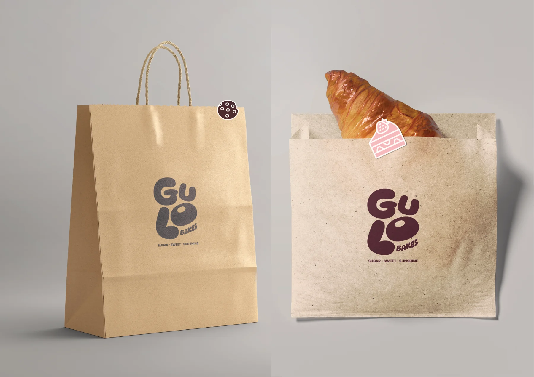 Gulo Bakes branded paper shopping bag and bakery sleeve with a croissant.