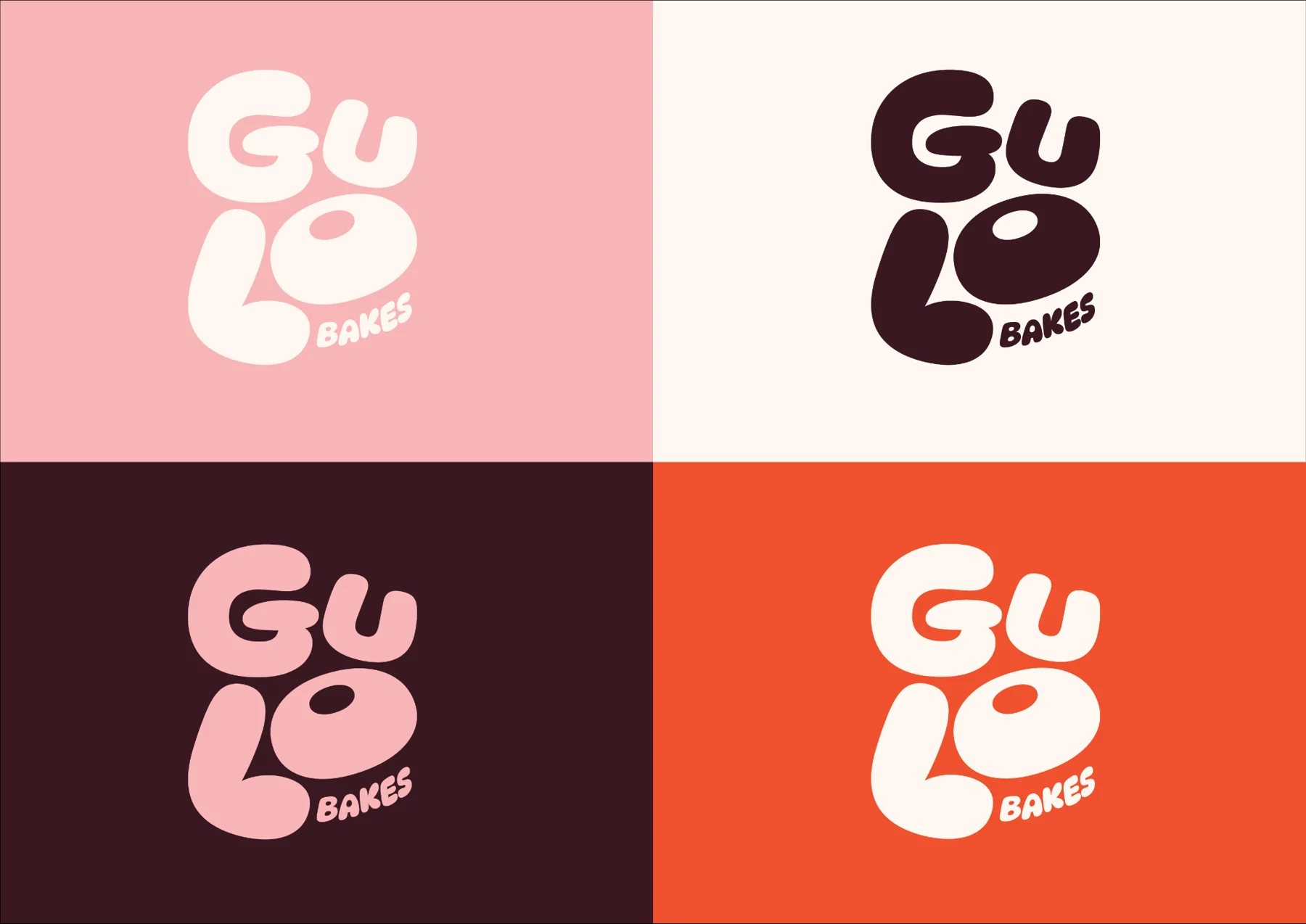 Four Gulo Bakes wordmark variations across pink, cream, chocolate and orange backgrounds.