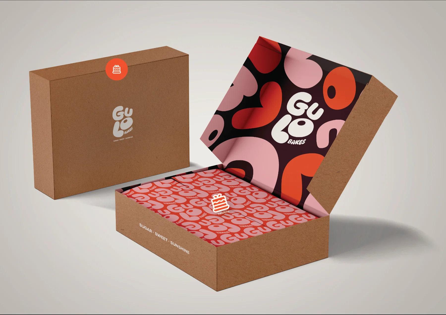 Gulo Bakes packaging designed by LUNCH, with pink and orange dough-inspired patterns.