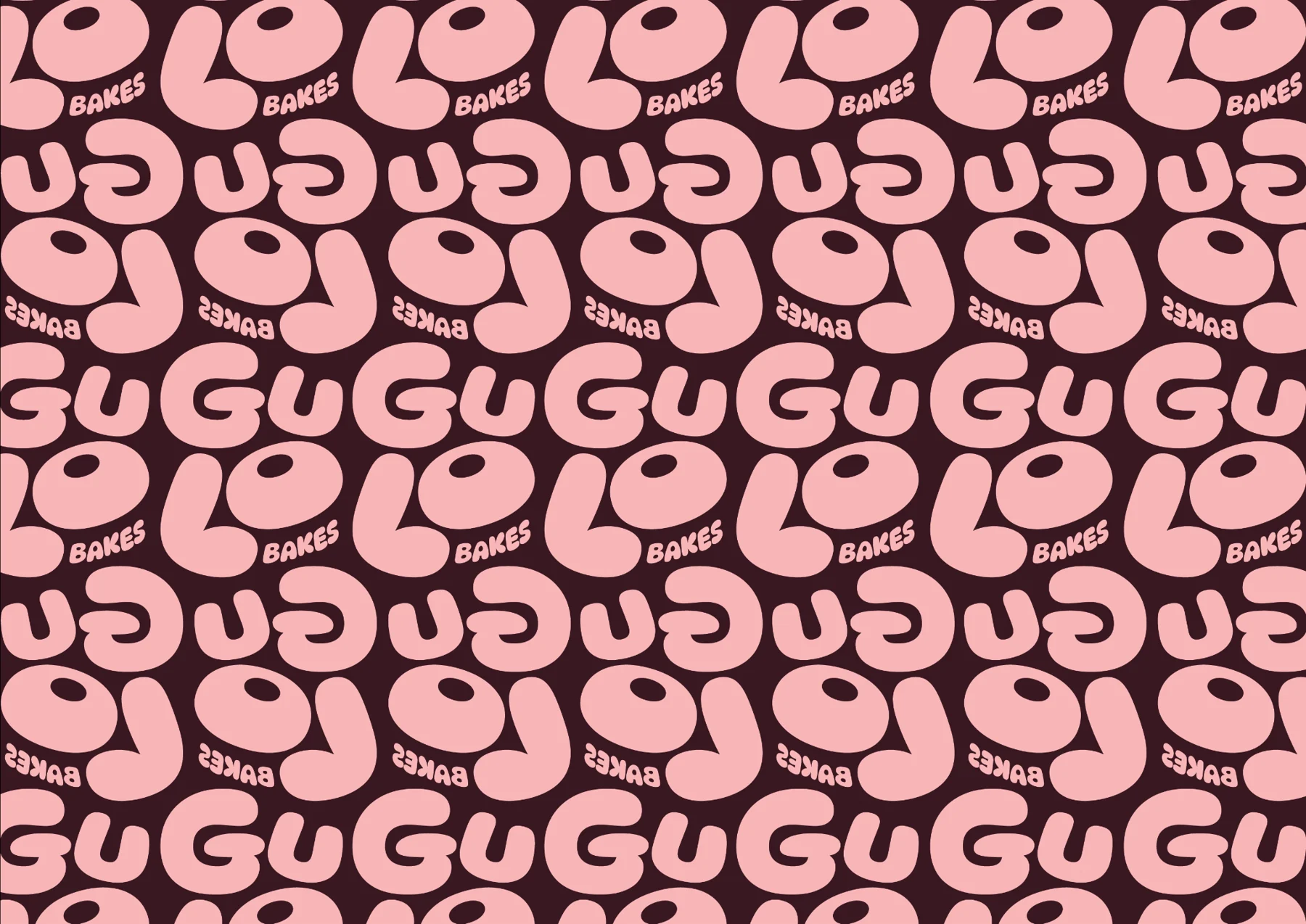 A repeating pattern of the Gulo Bakes wordmark in pink on a chocolate background.