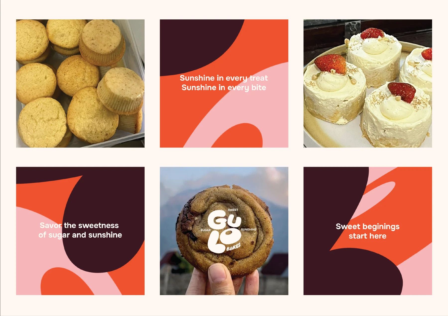 Six social-design applications combining bakery photography with Gulo Bakes typography and graphic shapes.